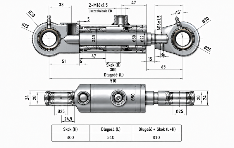 Siłownik Hydrauliczny 40/22 skok 300 U25 2-stronny