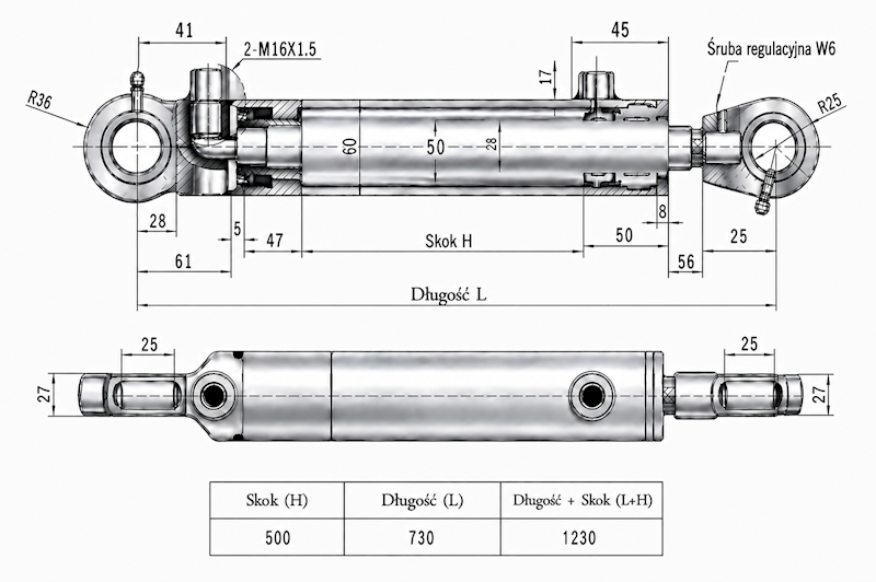 Siłownik Hydrauliczny 50/28 skok 500 U25 2-stronny
