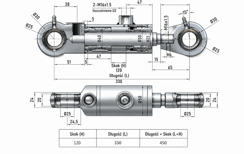 Siłownik Hydrauliczny 40/22 skok 120 U25 2-stronny