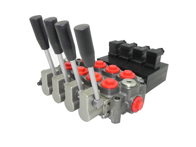 ROZDZIELACZ HYDRAULICZNY ELEKTRYCZNY + DŹWIGNIE 4 SEKCYJNY Q45 60L 24V