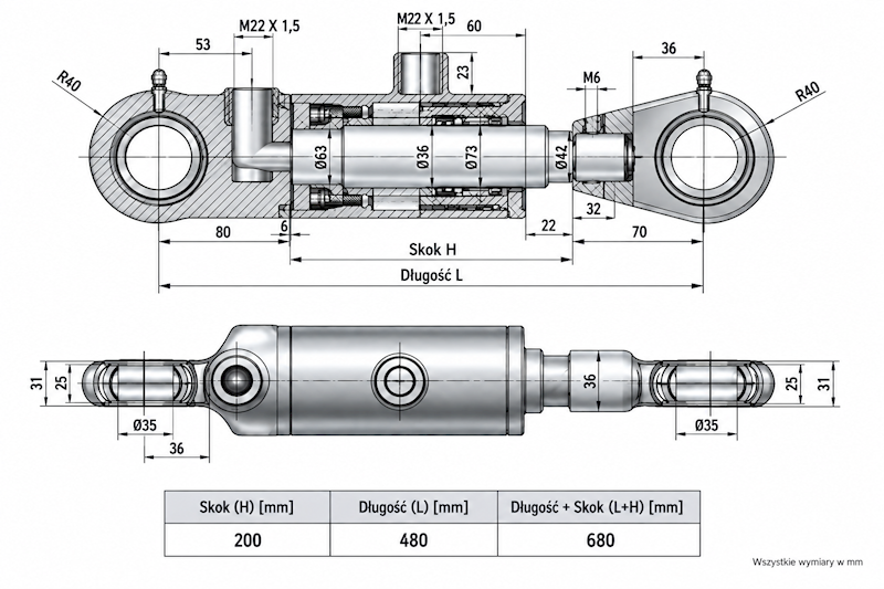 Siłownik Hydrauliczny 63/36 skok 200 U35 2-stronny