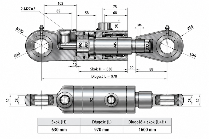Siłownik Hydrauliczny 80/45/630 U40 2-stronny