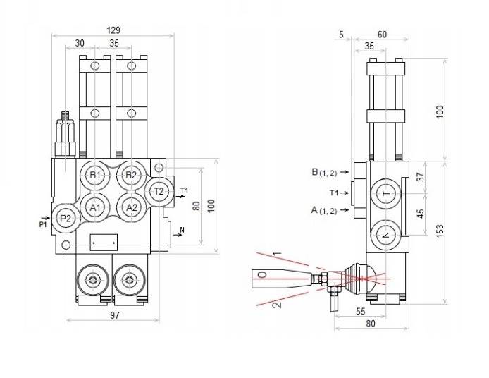 ROZDZIELACZ HYDRAULICZNY 2 SEKCYJNY 40L STEROWANY PNEUMATYCZNIE 2 SEKCJE