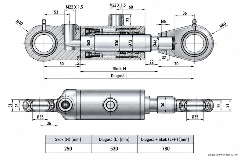 Siłownik Hydrauliczny 63/36 skok 250 U35 2-stronny