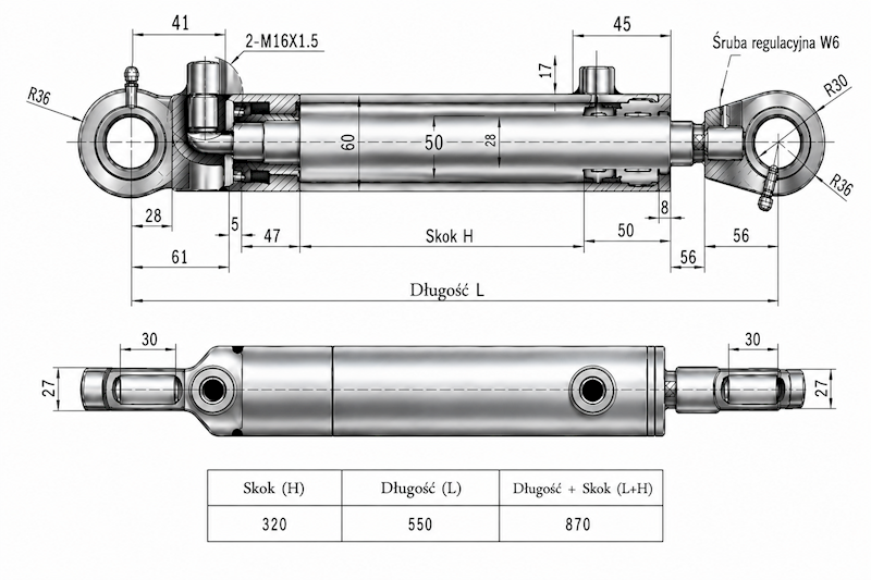 Siłownik Hydrauliczny 50/28 skok 320 U30 2-stronny