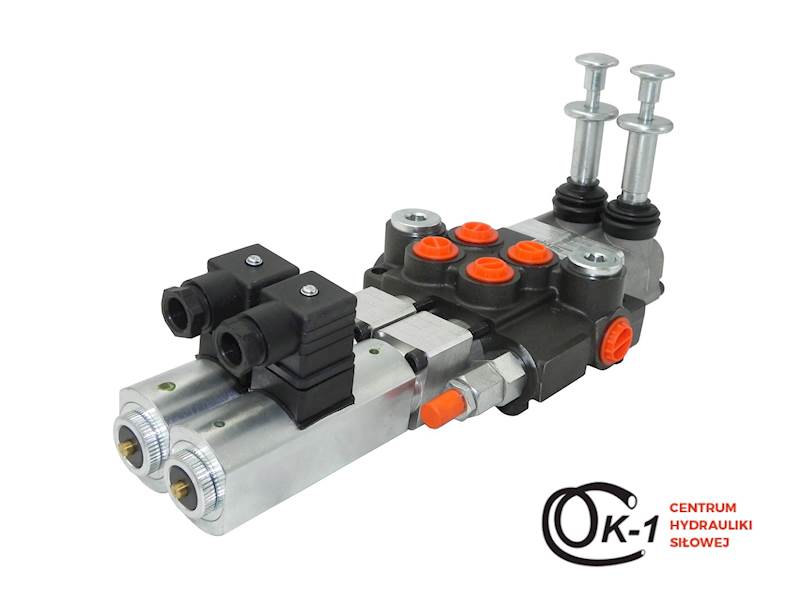 ROZDZIELACZ HYDRAULICZNY 2 SEKCJE 50L ELEKTRYCZNY 12V Z DŹWIGNIAMI