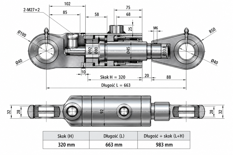 Siłownik Hydrauliczny 80/45 skok 320 U40 2-stronny