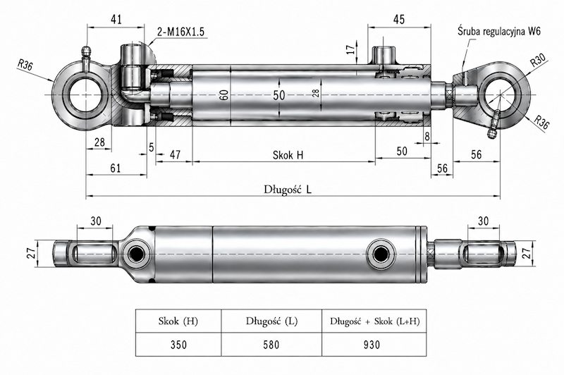 Siłownik Hydrauliczny 50/28 skok 350 U30 2-stronny