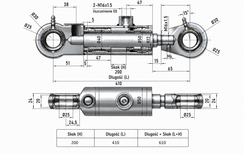 Siłownik Hydrauliczny 40/22 skok 200 U25 2-stronny