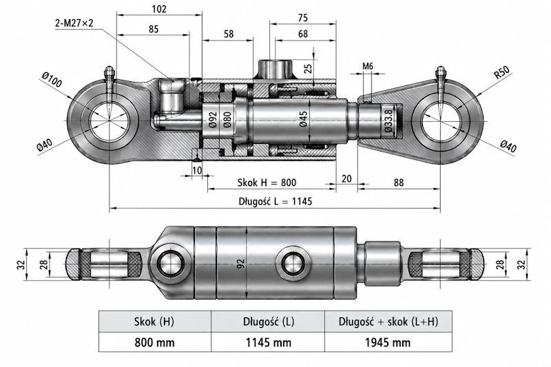 Siłownik Hydrauliczny 80/45/800 U40 2-stronny