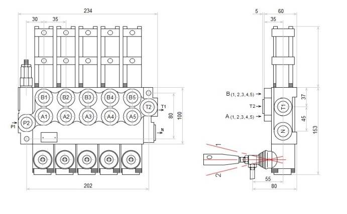 ROZDZIELACZ HYDRAULICZNY 5 SEKCYJNY 40L STEROWANIE PNEUMATYCZNIE 5 SEKCJI 24V