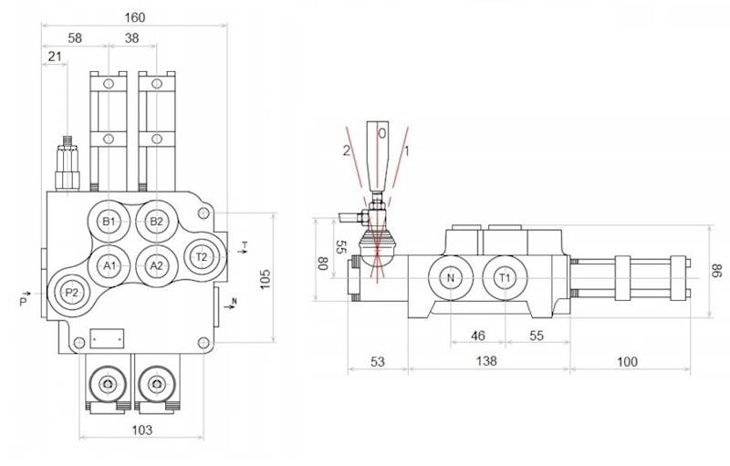 ROZDZIELACZ HYDRAULICZNY 2 SEKCYJNY 80L STEROWANIE PNEUMATYCZNIE 2 SEKCJE 24V