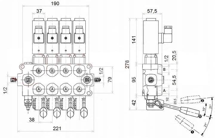 ROZDZIELACZ HYDRAULICZNY ELEKTRYCZNY + DŹWIGNIE 4 SEKCYJNY Q45 60L 24V
