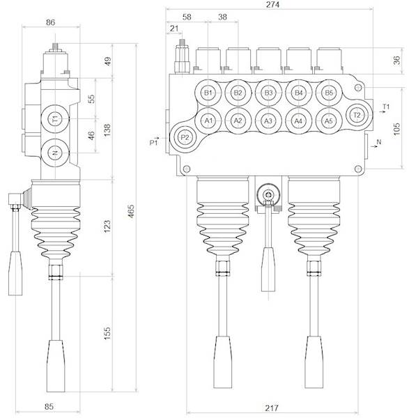 ROZDZIELACZ HYDRAULICZNY 5 SEKCYJNY 80L 5 SEKCJI 2 JOYSTICKI