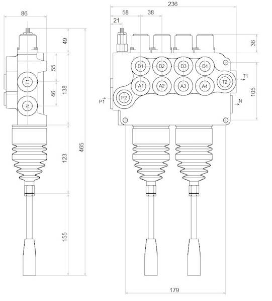 ROZDZIELACZ HYDRAULICZNY 4 SEKCYJNY 80L 4 SEKCJE 2 JOYSTICKI
