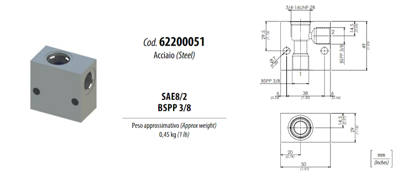 BLOK ZAWORU DWUDROGOWEGO 2/2 BSPP 3/8"