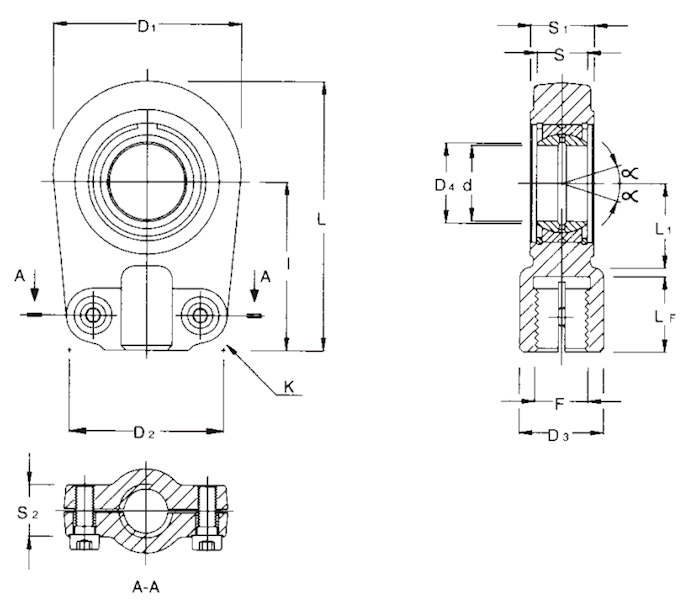 UCHO SIŁOWNIKA Z ŁOŻYSKIEM fi 16mm GWINT M12-1.25
