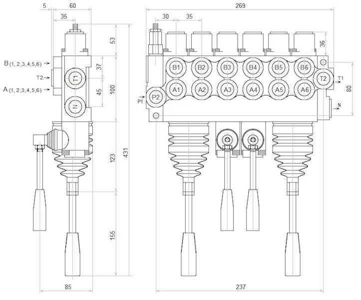 ROZDZIELACZ HYDRAULICZNY 6 SEKCYJNY 40L 6 SEKCJI 2 JOYSTICKI