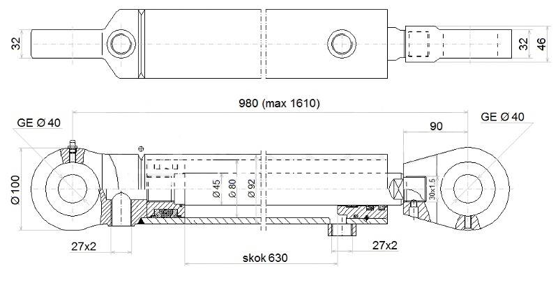 Siłownik Hydrauliczny 80/45 skok 630 U40 2-stronny