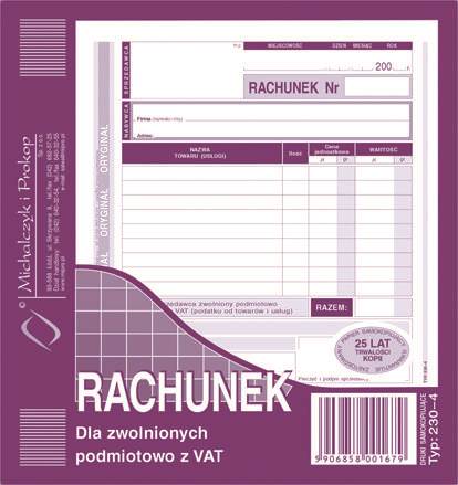 Druk rachunek dla zwolnionych z VAT 2/3 A5 /MICH