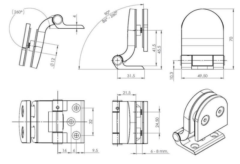ZAWIAS DRZWI SZKLANYCH CHROM 6 - 8 MM 70x49,5 MM
