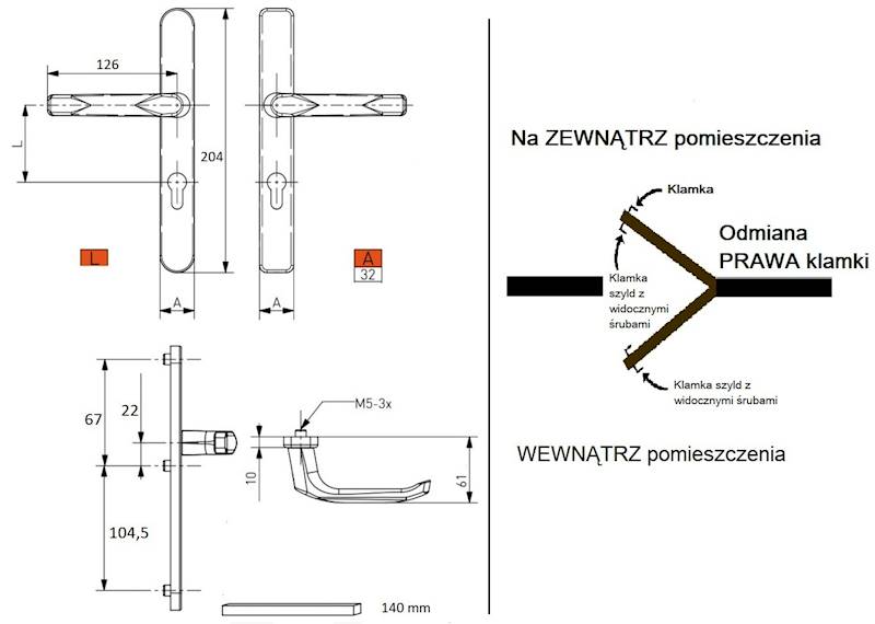 KLAMKA DRZ.9016 PCV/ALU.D.SZY.90/204/32 WB PRAWA