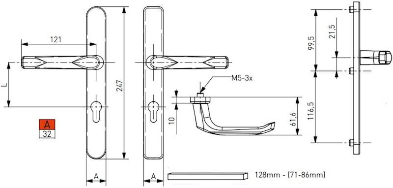 KLAMKA DRZ.SILVER PCV/ALU.DŁ.SZYLD 92/32 WB KW.SAT