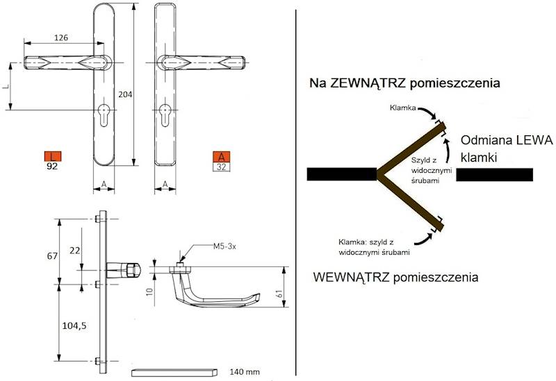 KLAMKA DRZ.CHROM PCV/ALU.D.SZY.92/204/32 WB LEWA 