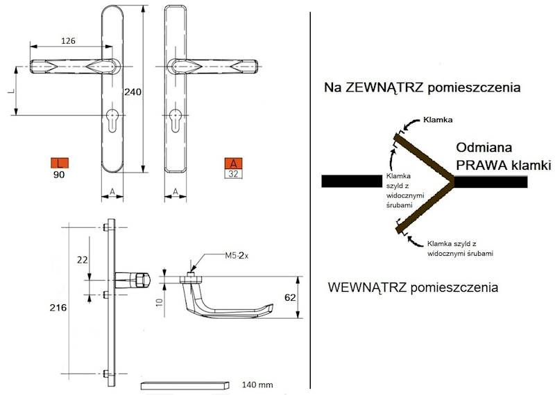 KLAMKA DRZ.CHROM PCV/ALU.90/240/32WB PRAWA 2 ŚRU.