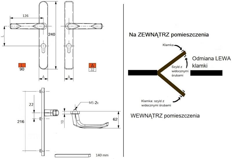 KLAMKA DRZ.CHROM PCV/ALU.90/240/32WB LEWA 2 ŚRU.