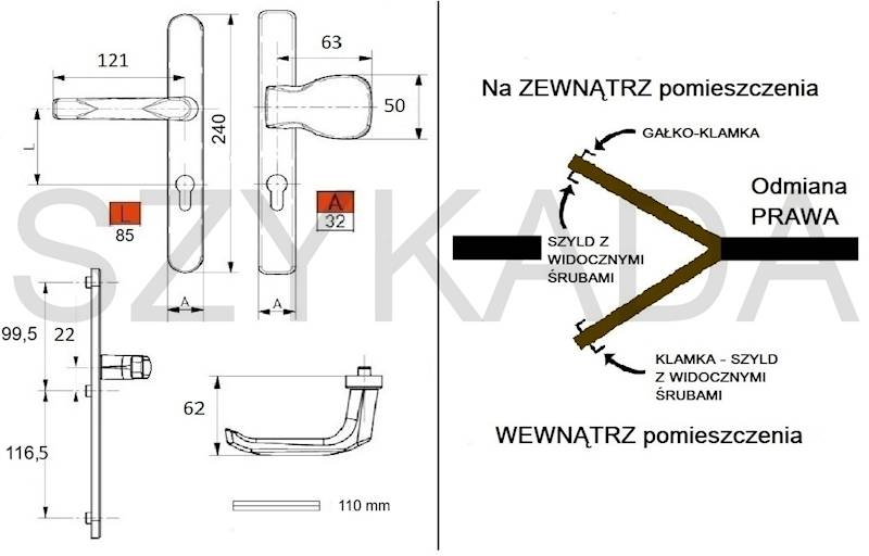 KLAMKA-UCHWYT ZEWN. 85 MM WB CZARNA PRAWA