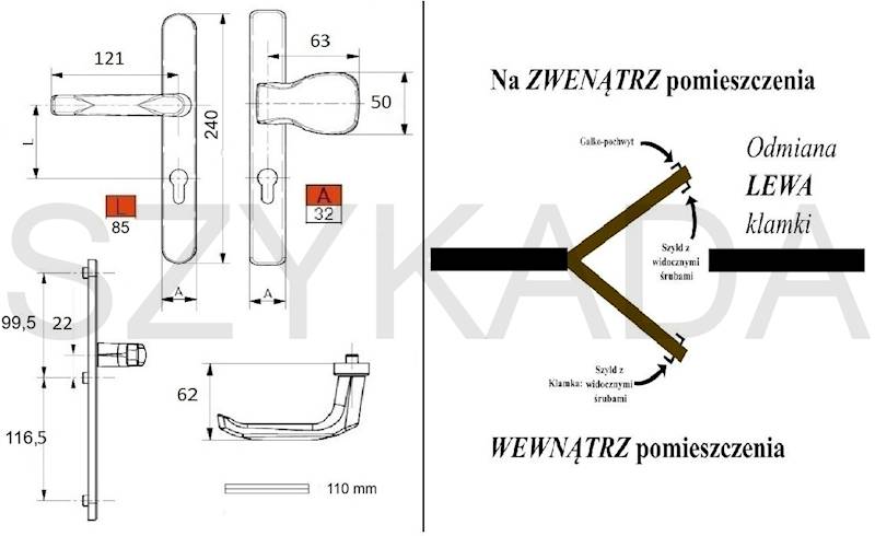 KLAMKA-UCHWYT ZEWN. 85 MM WB CZARNA LEWA