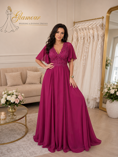 APOLONIA  Suknia Plus Size Amarant RĘKAW 3/4