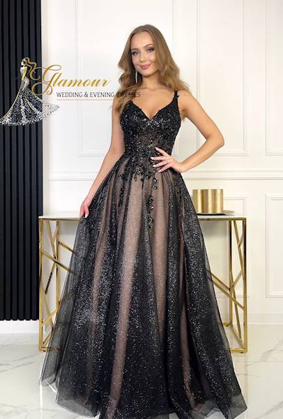 FERRERA  suknia tiulowa CZARNO-RÓŻOWA