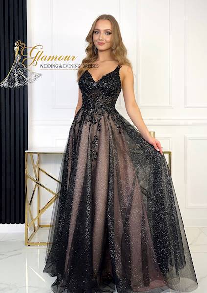 FERRERA  suknia tiulowa CZARNO-RÓŻOWA