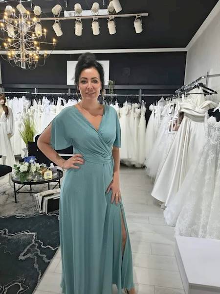 Suknia wieczorowa „Aurora Mint” – brokatowa maxi