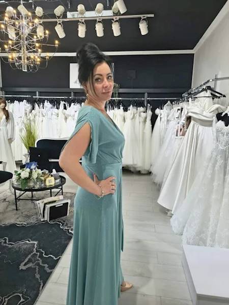 Suknia wieczorowa „Aurora Mint” – brokatowa maxi