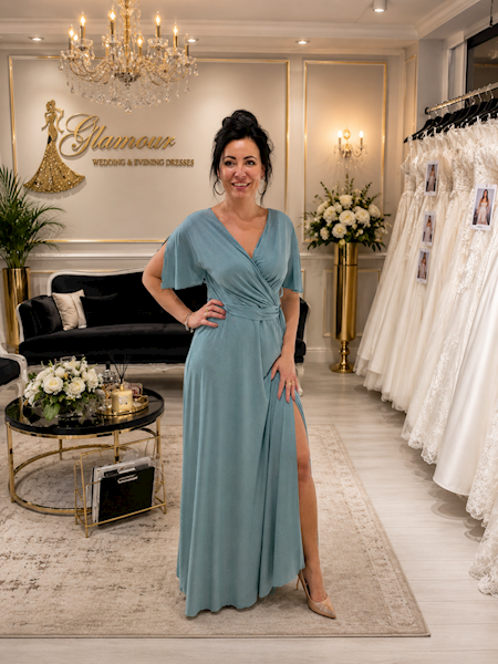 Suknia wieczorowa „Aurora Mint” – brokatowa maxi