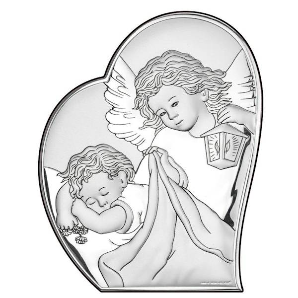 Obrazek Srebrny Aniołek nad Dzieckiem Serce 9x11