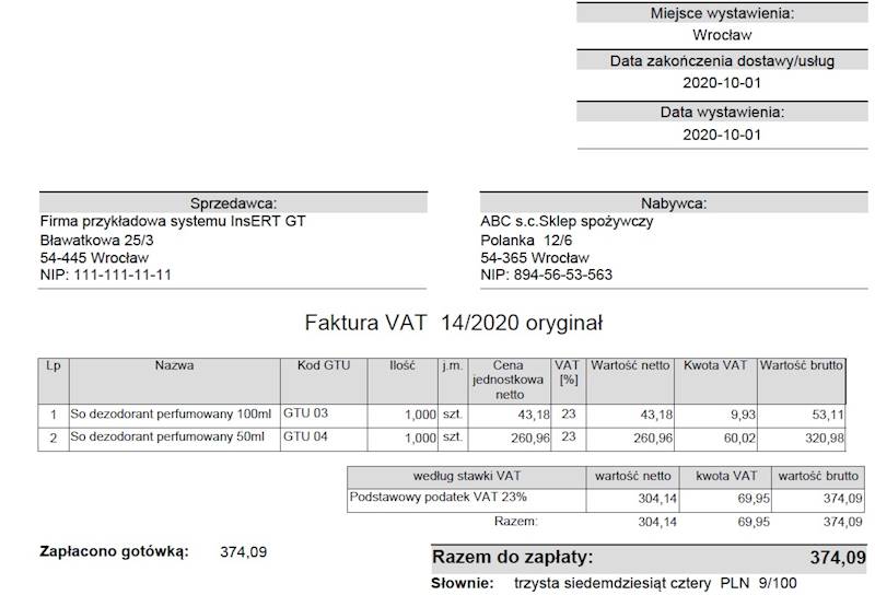 Wzór wydruku Subiekt GT Faktura sprzedaży z kolumną GTU