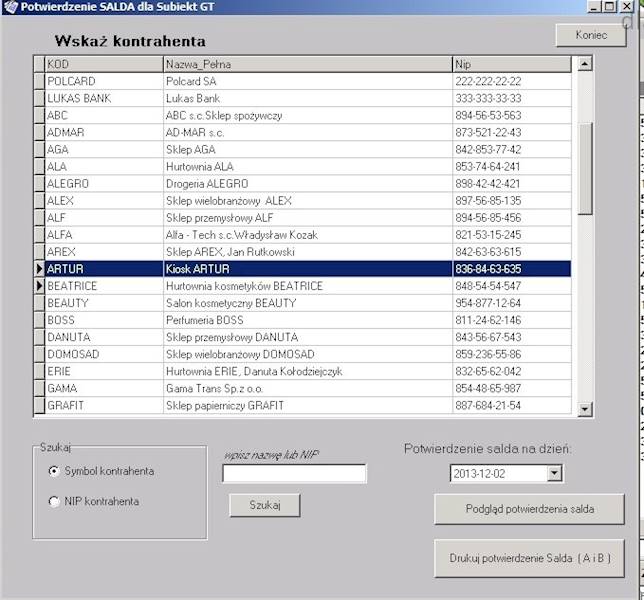 PROGRAM POTWIERDZENIA SALD DO INSERT SUBIEKT GT