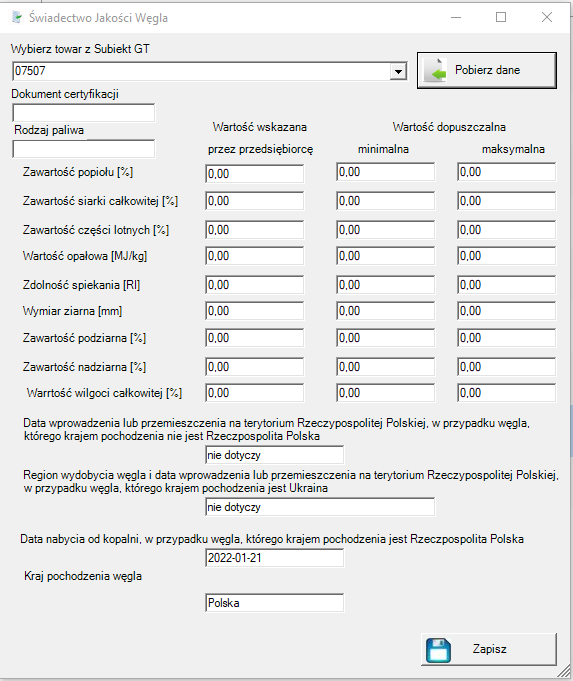 Program dodatkowy do Subiekta GT - świadectwo pochodzenia węgla + oświadczenie
