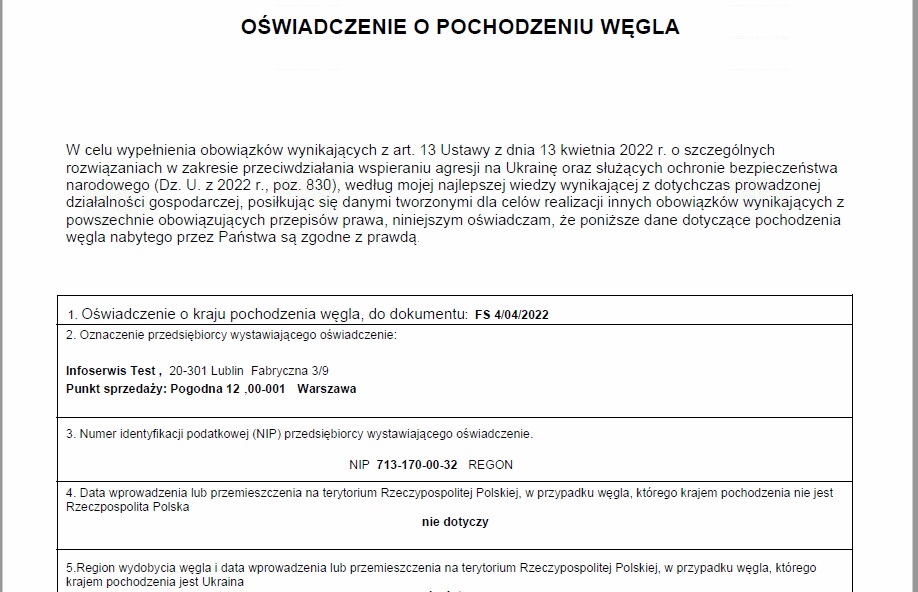 Program dodatkowy do Subiekta GT - świadectwo pochodzenia węgla + oświadczenie