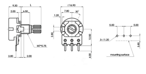 POTENCJOMETR OBROT. 100 kohm LOGARYTMICZNY l=20mm