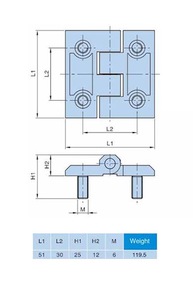 Zawias 50x50 srebrny M6x12 A065