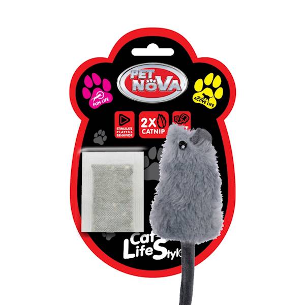 EU Pluszowa myszka dla kota z 2 x kocimiętka szara