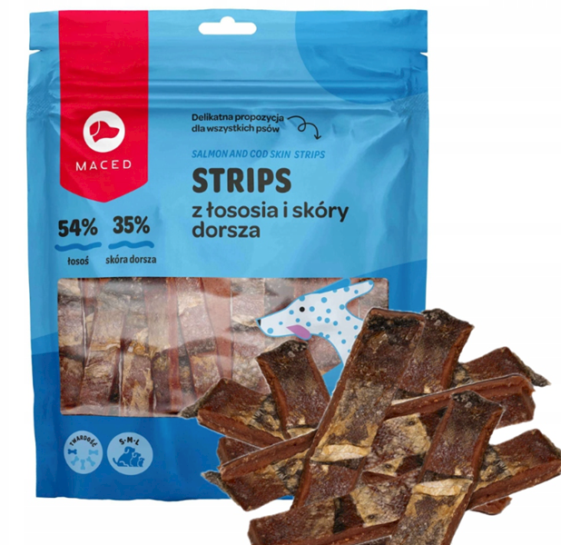 MACED STRIPS Z ŁOSOSIA I SKÓRY DORSZA 500G