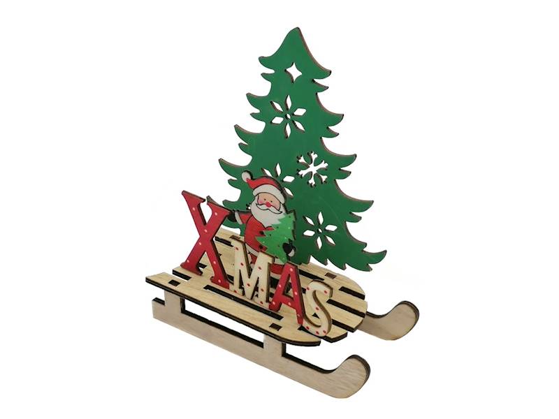 DEKORACJA DREWNIANA MAŁA MIKOŁAJ NA SANIACH 15X12