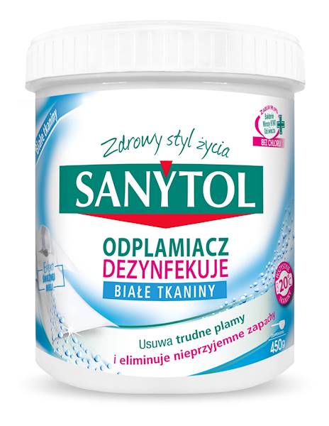 SANYTOL ODPLAMIACZ w proszku 450g BIAŁE TKANINY