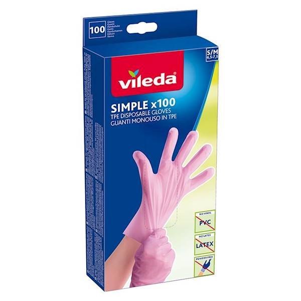 VILEDA RĘKAWICE TPE 100szt SIMPLE  S/M  różowe